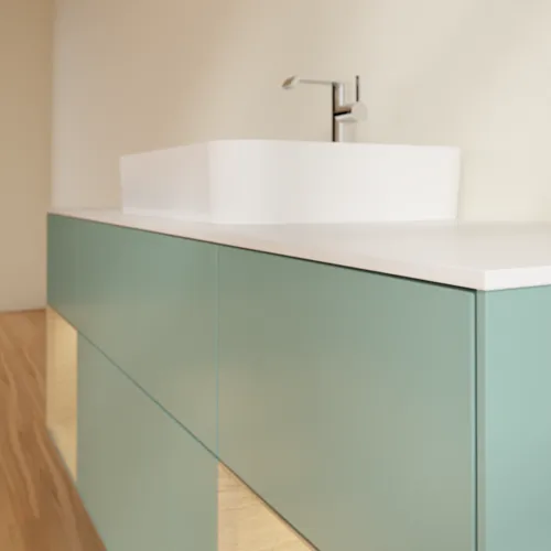 Bild von VILLEROY BOCH Finion Waschbeckenunterschrank, mit Beleuchtung, 4 Auszüge, 1600 x 603 x 501 mm, Olive Matt Lacquer / Oak Veneer / Glass White Matt #F451PCGM