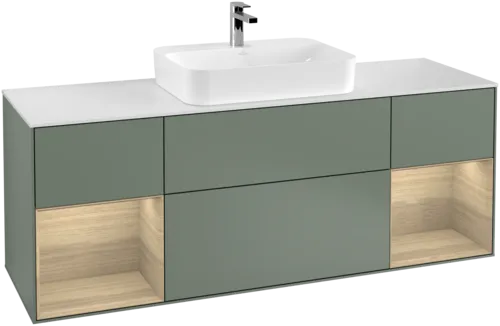 Picture of VILLEROY BOCH Finion Vanity unit, with lighting, 4 pull-out compartments, 1600 x 603 x 501 mm, Olive Matt Lacquer / Oak Veneer / Glass White Matt #F451PCGM