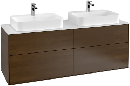 Picture of VILLEROY BOCH Finion Vanity unit, 4 pull-out compartments, 1600 x 603 x 501 mm, Walnut Veneer / Glass White Matt #F43100GN