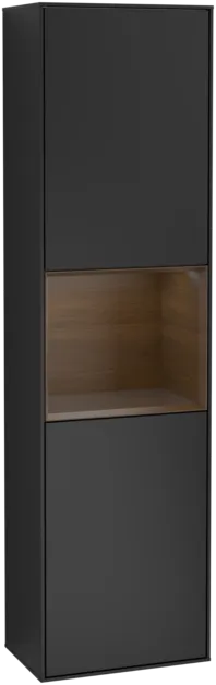 Picture of VILLEROY BOCH Finion Tall cabinet, with lighting, 2 doors, 418 x 1516 x 270 mm, Black Matt Lacquer / Walnut Veneer #F470GNPD
