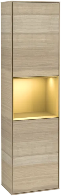 Picture of VILLEROY BOCH Finion Tall cabinet, with lighting, 2 doors, 418 x 1516 x 270 mm, Oak Veneer / Gold Matt Lacquer #F460HFPC