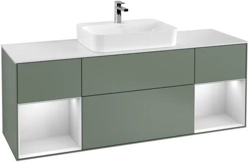 Picture of VILLEROY BOCH Finion Vanity unit, with lighting, 4 pull-out compartments, 1600 x 603 x 501 mm, Olive Matt Lacquer / White Matt Lacquer / Glass White Matt #F451MTGM