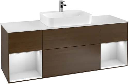 Picture of VILLEROY BOCH Finion Vanity unit, with lighting, 4 pull-out compartments, 1600 x 603 x 501 mm, Walnut Veneer / White Matt Lacquer / Glass White Matt #F451MTGN