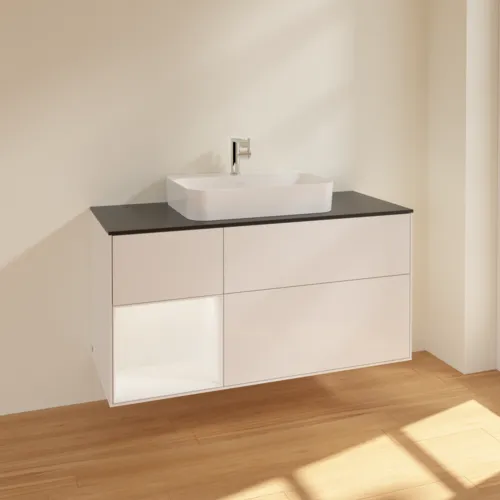 VILLEROY BOCH Finion Waschbeckenunterschrank, mit Beleuchtung, 3 Auszüge, 1200 x 603 x 501 mm, Glossy White Lacquer / White Matt Lacquer / Glass Black Matt #F412MTGF, Bild 2
