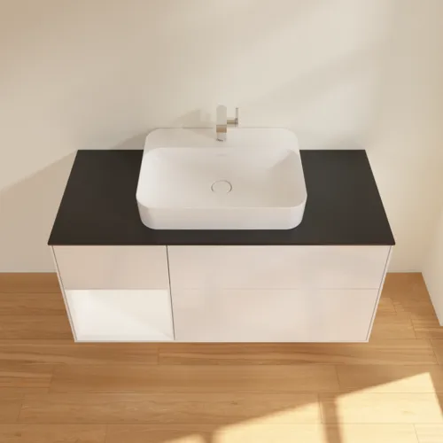VILLEROY BOCH Finion Waschbeckenunterschrank, mit Beleuchtung, 3 Auszüge, 1200 x 603 x 501 mm, Glossy White Lacquer / White Matt Lacquer / Glass Black Matt #F412MTGF, Bild 4