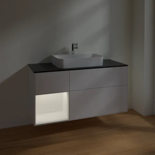 VILLEROY BOCH Finion Waschbeckenunterschrank, mit Beleuchtung, 3 Auszüge, 1200 x 603 x 501 mm, Glossy White Lacquer / White Matt Lacquer / Glass Black Matt #F412MTGF, Bild 5