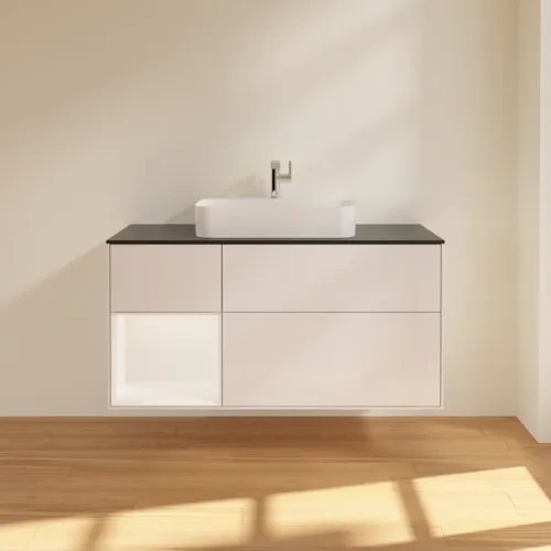 VILLEROY BOCH Finion Waschbeckenunterschrank, mit Beleuchtung, 3 Auszüge, 1200 x 603 x 501 mm, Glossy White Lacquer / White Matt Lacquer / Glass Black Matt #F412MTGF, Bild 3