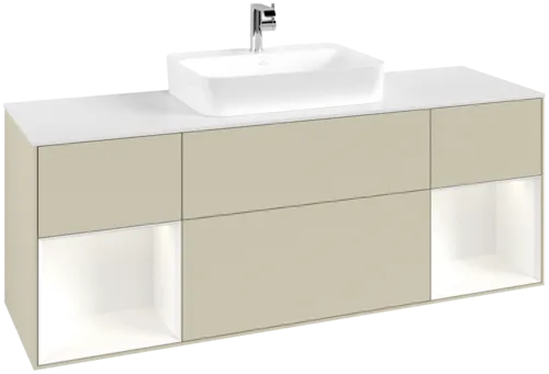 Picture of VILLEROY BOCH Finion Vanity unit, with lighting, 4 pull-out compartments, 1600 x 603 x 501 mm, Silk Grey Matt Lacquer / White Matt Lacquer / Glass White Matt #F451MTHJ