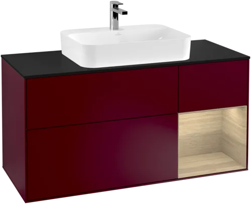 Picture of VILLEROY BOCH Finion Vanity unit, with lighting, 3 pull-out compartments, 1200 x 603 x 501 mm, Peony Matt Lacquer / Oak Veneer / Glass Black Matt #F422PCHB