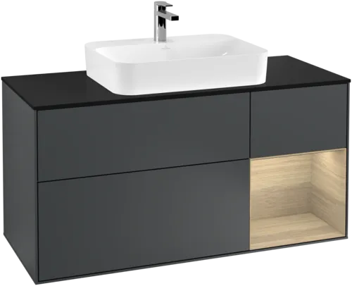 Picture of VILLEROY BOCH Finion Vanity unit, with lighting, 3 pull-out compartments, 1200 x 603 x 501 mm, Midnight Blue Matt Lacquer / Oak Veneer / Glass Black Matt #F422PCHG