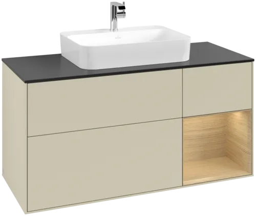 Picture of VILLEROY BOCH Finion Vanity unit, with lighting, 3 pull-out compartments, 1200 x 603 x 501 mm, Silk Grey Matt Lacquer / Oak Veneer / Glass Black Matt #F422PCHJ