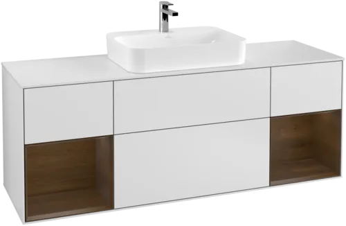Picture of VILLEROY BOCH Finion Vanity unit, with lighting, 4 pull-out compartments, 1600 x 603 x 501 mm, White Matt Lacquer / Walnut Veneer / Glass White Matt #F451GNMT