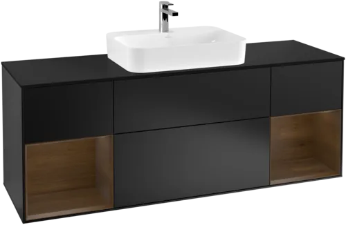 Picture of VILLEROY BOCH Finion Vanity unit, with lighting, 4 pull-out compartments, 1600 x 603 x 501 mm, Black Matt Lacquer / Walnut Veneer / Glass Black Matt #F452GNPD