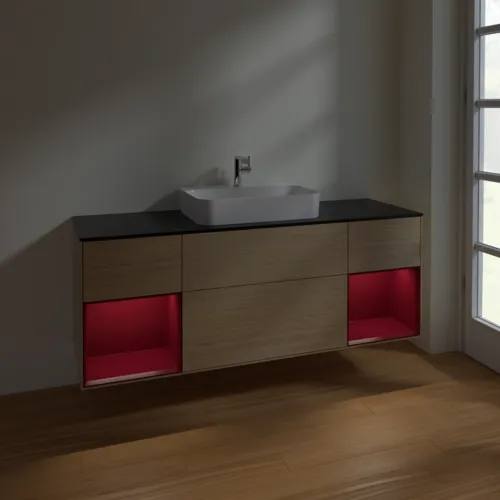 Bild von VILLEROY BOCH Finion Waschbeckenunterschrank, mit Beleuchtung, 4 Auszüge, 1600 x 603 x 501 mm, Oak Veneer / Peony Matt Lacquer / Glass Black Matt #F452HBPC
