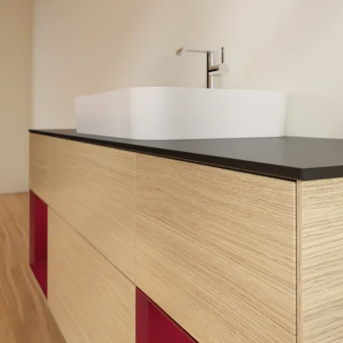 Bild von VILLEROY BOCH Finion Waschbeckenunterschrank, mit Beleuchtung, 4 Auszüge, 1600 x 603 x 501 mm, Oak Veneer / Peony Matt Lacquer / Glass Black Matt #F452HBPC