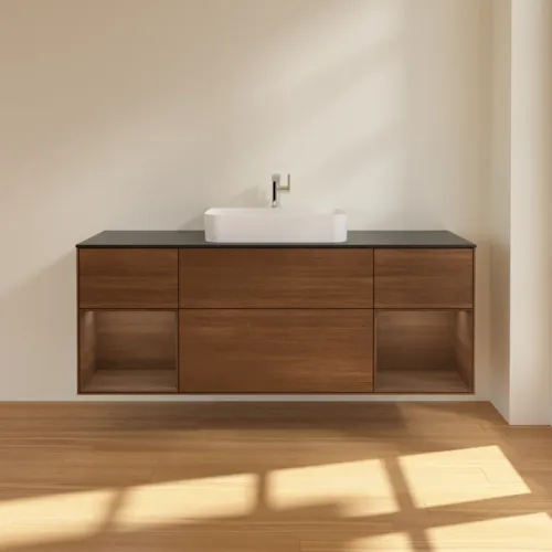 Bild von VILLEROY BOCH Finion Waschbeckenunterschrank, mit Beleuchtung, 4 Auszüge, 1600 x 603 x 501 mm, Walnut Veneer / Walnut Veneer / Glass Black Matt #F452GNGN