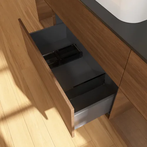 Bild von VILLEROY BOCH Finion Waschbeckenunterschrank, mit Beleuchtung, 4 Auszüge, 1600 x 603 x 501 mm, Walnut Veneer / Walnut Veneer / Glass Black Matt #F452GNGN