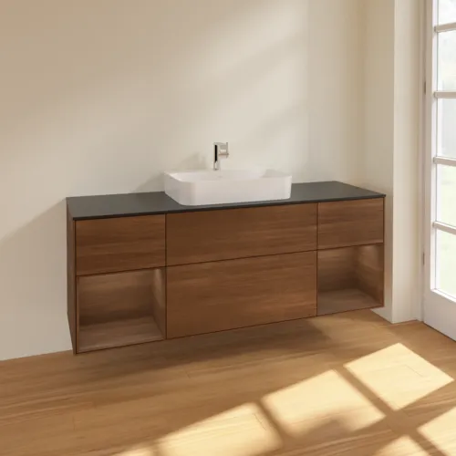 Bild von VILLEROY BOCH Finion Waschbeckenunterschrank, mit Beleuchtung, 4 Auszüge, 1600 x 603 x 501 mm, Walnut Veneer / Walnut Veneer / Glass Black Matt #F452GNGN