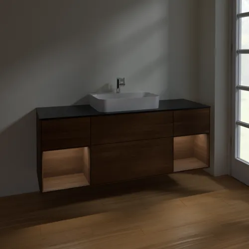 Bild von VILLEROY BOCH Finion Waschbeckenunterschrank, mit Beleuchtung, 4 Auszüge, 1600 x 603 x 501 mm, Walnut Veneer / Walnut Veneer / Glass Black Matt #F452GNGN