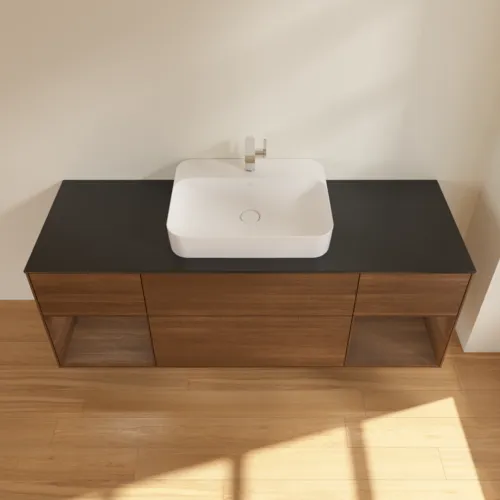 Bild von VILLEROY BOCH Finion Waschbeckenunterschrank, mit Beleuchtung, 4 Auszüge, 1600 x 603 x 501 mm, Walnut Veneer / Walnut Veneer / Glass Black Matt #F452GNGN