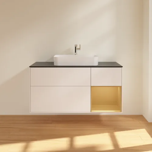 Bild von VILLEROY BOCH Finion Waschbeckenunterschrank, mit Beleuchtung, 3 Auszüge, 1200 x 603 x 501 mm, White Matt Lacquer / Gold Matt Lacquer / Glass Black Matt #F422HFMT