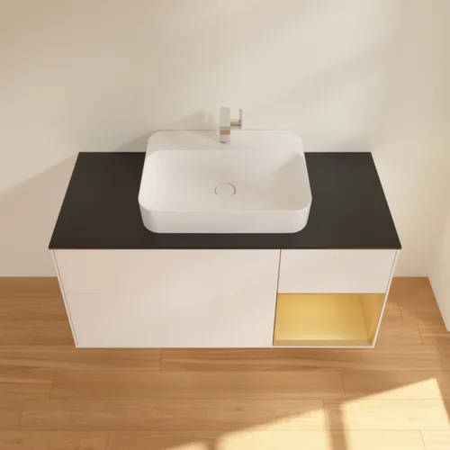 Bild von VILLEROY BOCH Finion Waschbeckenunterschrank, mit Beleuchtung, 3 Auszüge, 1200 x 603 x 501 mm, White Matt Lacquer / Gold Matt Lacquer / Glass Black Matt #F422HFMT
