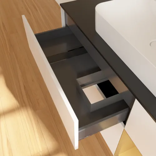 Bild von VILLEROY BOCH Finion Waschbeckenunterschrank, mit Beleuchtung, 3 Auszüge, 1200 x 603 x 501 mm, White Matt Lacquer / Gold Matt Lacquer / Glass Black Matt #F422HFMT