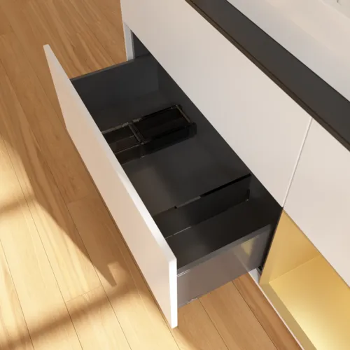 Bild von VILLEROY BOCH Finion Waschbeckenunterschrank, mit Beleuchtung, 3 Auszüge, 1200 x 603 x 501 mm, White Matt Lacquer / Gold Matt Lacquer / Glass Black Matt #F422HFMT