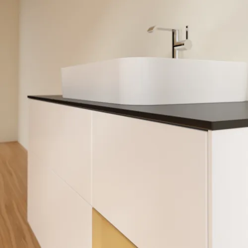 Bild von VILLEROY BOCH Finion Waschbeckenunterschrank, mit Beleuchtung, 3 Auszüge, 1200 x 603 x 501 mm, White Matt Lacquer / Gold Matt Lacquer / Glass Black Matt #F422HFMT