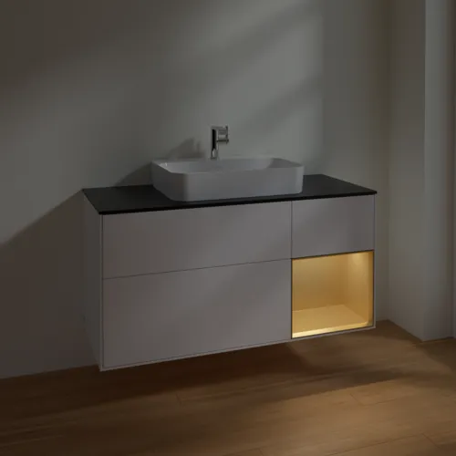 Bild von VILLEROY BOCH Finion Waschbeckenunterschrank, mit Beleuchtung, 3 Auszüge, 1200 x 603 x 501 mm, White Matt Lacquer / Gold Matt Lacquer / Glass Black Matt #F422HFMT