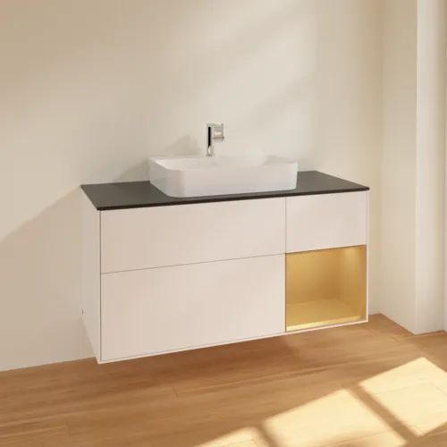 Bild von VILLEROY BOCH Finion Waschbeckenunterschrank, mit Beleuchtung, 3 Auszüge, 1200 x 603 x 501 mm, White Matt Lacquer / Gold Matt Lacquer / Glass Black Matt #F422HFMT