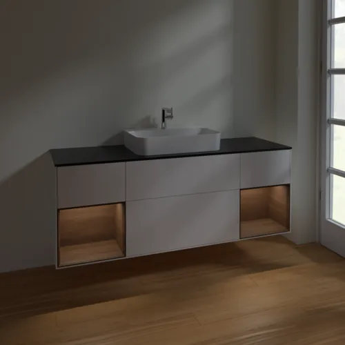 Bild von VILLEROY BOCH Finion Waschbeckenunterschrank, mit Beleuchtung, 4 Auszüge, 1600 x 603 x 501 mm, White Matt Lacquer / Walnut Veneer / Glass Black Matt #F452GNMT
