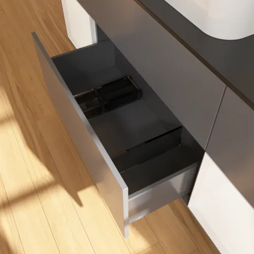 Bild von VILLEROY BOCH Finion Waschbeckenunterschrank, mit Beleuchtung, 4 Auszüge, 1600 x 603 x 501 mm, Anthracite Matt Lacquer / White Matt Lacquer / Glass Black Matt #F452MTGK