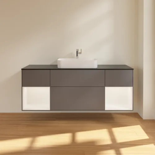 Bild von VILLEROY BOCH Finion Waschbeckenunterschrank, mit Beleuchtung, 4 Auszüge, 1600 x 603 x 501 mm, Anthracite Matt Lacquer / White Matt Lacquer / Glass Black Matt #F452MTGK