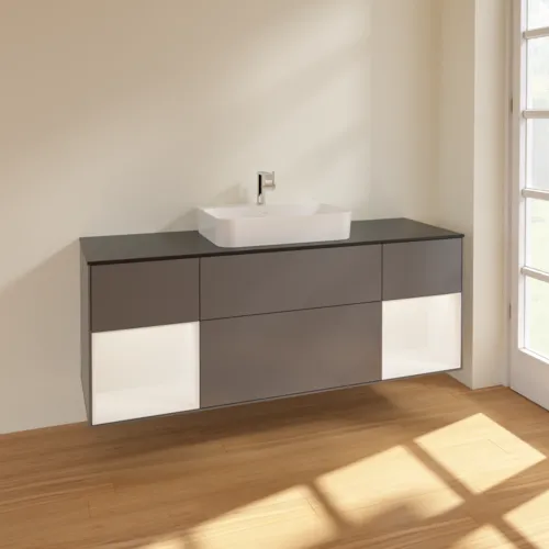 Bild von VILLEROY BOCH Finion Waschbeckenunterschrank, mit Beleuchtung, 4 Auszüge, 1600 x 603 x 501 mm, Anthracite Matt Lacquer / White Matt Lacquer / Glass Black Matt #F452MTGK