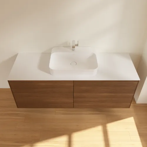 Bild von VILLEROY BOCH Finion Waschbeckenunterschrank, 4 Auszüge, 1600 x 603 x 501 mm, Walnut Veneer / Glass White Matt #F44100GN