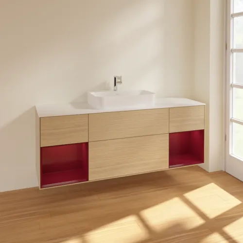 Bild von VILLEROY BOCH Finion Waschbeckenunterschrank, mit Beleuchtung, 4 Auszüge, 1600 x 603 x 501 mm, Oak Veneer / Peony Matt Lacquer / Glass White Matt #F451HBPC