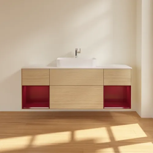 Bild von VILLEROY BOCH Finion Waschbeckenunterschrank, mit Beleuchtung, 4 Auszüge, 1600 x 603 x 501 mm, Oak Veneer / Peony Matt Lacquer / Glass White Matt #F451HBPC