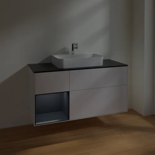 Bild von VILLEROY BOCH Finion Waschbeckenunterschrank, mit Beleuchtung, 3 Auszüge, 1200 x 603 x 501 mm, Glossy White Lacquer / Midnight Blue Matt Lacquer / Glass Black Matt #F412HGGF