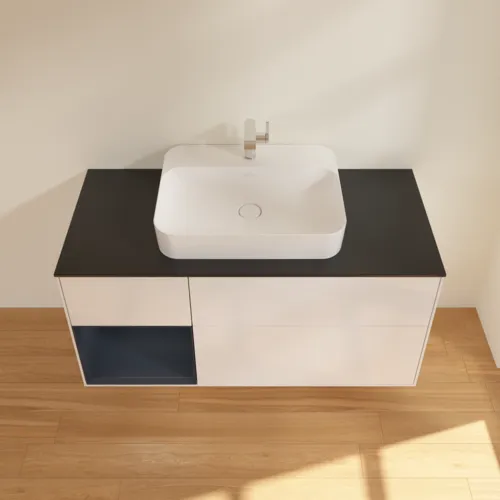 Bild von VILLEROY BOCH Finion Waschbeckenunterschrank, mit Beleuchtung, 3 Auszüge, 1200 x 603 x 501 mm, Glossy White Lacquer / Midnight Blue Matt Lacquer / Glass Black Matt #F412HGGF