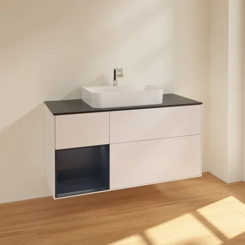 Bild von VILLEROY BOCH Finion Waschbeckenunterschrank, mit Beleuchtung, 3 Auszüge, 1200 x 603 x 501 mm, Glossy White Lacquer / Midnight Blue Matt Lacquer / Glass Black Matt #F412HGGF