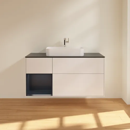 Bild von VILLEROY BOCH Finion Waschbeckenunterschrank, mit Beleuchtung, 3 Auszüge, 1200 x 603 x 501 mm, Glossy White Lacquer / Midnight Blue Matt Lacquer / Glass Black Matt #F412HGGF