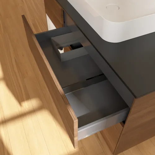 VILLEROY BOCH Finion Waschbeckenunterschrank, mit Beleuchtung, 3 Auszüge, 1200 x 603 x 501 mm, Walnut Veneer / Glossy White Lacquer / Glass Black Matt #F412GFGN, Bild 8
