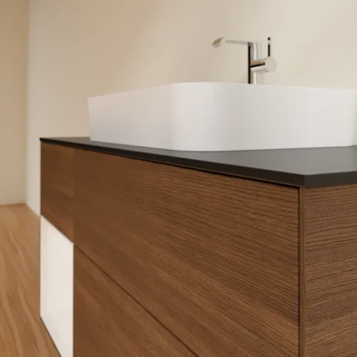 VILLEROY BOCH Finion Waschbeckenunterschrank, mit Beleuchtung, 3 Auszüge, 1200 x 603 x 501 mm, Walnut Veneer / Glossy White Lacquer / Glass Black Matt #F412GFGN, Bild 6