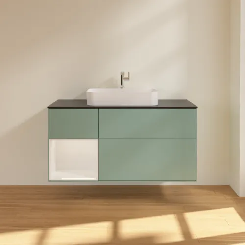 Bild von VILLEROY BOCH Finion Waschbeckenunterschrank, mit Beleuchtung, 3 Auszüge, 1200 x 603 x 501 mm, Olive Matt Lacquer / Glossy White Lacquer / Glass Black Matt #F412GFGM