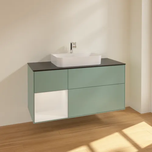 Bild von VILLEROY BOCH Finion Waschbeckenunterschrank, mit Beleuchtung, 3 Auszüge, 1200 x 603 x 501 mm, Olive Matt Lacquer / Glossy White Lacquer / Glass Black Matt #F412GFGM