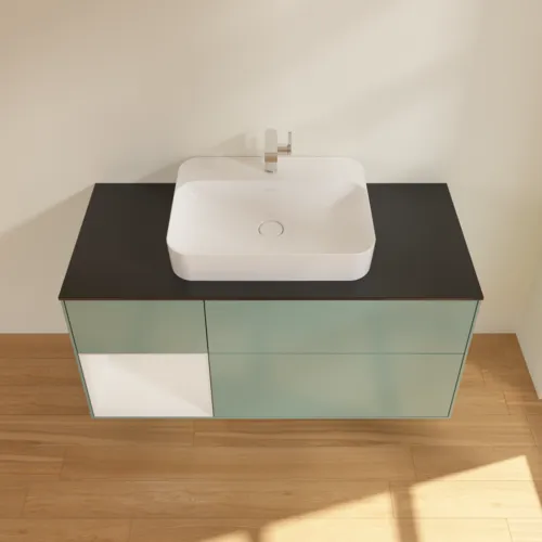 Bild von VILLEROY BOCH Finion Waschbeckenunterschrank, mit Beleuchtung, 3 Auszüge, 1200 x 603 x 501 mm, Olive Matt Lacquer / Glossy White Lacquer / Glass Black Matt #F412GFGM