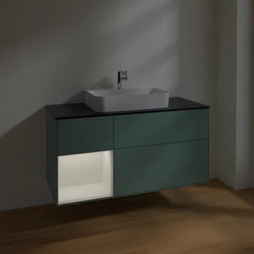 Bild von VILLEROY BOCH Finion Waschbeckenunterschrank, mit Beleuchtung, 3 Auszüge, 1200 x 603 x 501 mm, Olive Matt Lacquer / Glossy White Lacquer / Glass Black Matt #F412GFGM
