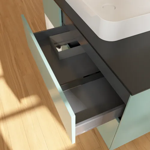 Bild von VILLEROY BOCH Finion Waschbeckenunterschrank, mit Beleuchtung, 3 Auszüge, 1200 x 603 x 501 mm, Olive Matt Lacquer / Glossy White Lacquer / Glass Black Matt #F412GFGM