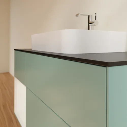 Bild von VILLEROY BOCH Finion Waschbeckenunterschrank, mit Beleuchtung, 3 Auszüge, 1200 x 603 x 501 mm, Olive Matt Lacquer / Glossy White Lacquer / Glass Black Matt #F412GFGM